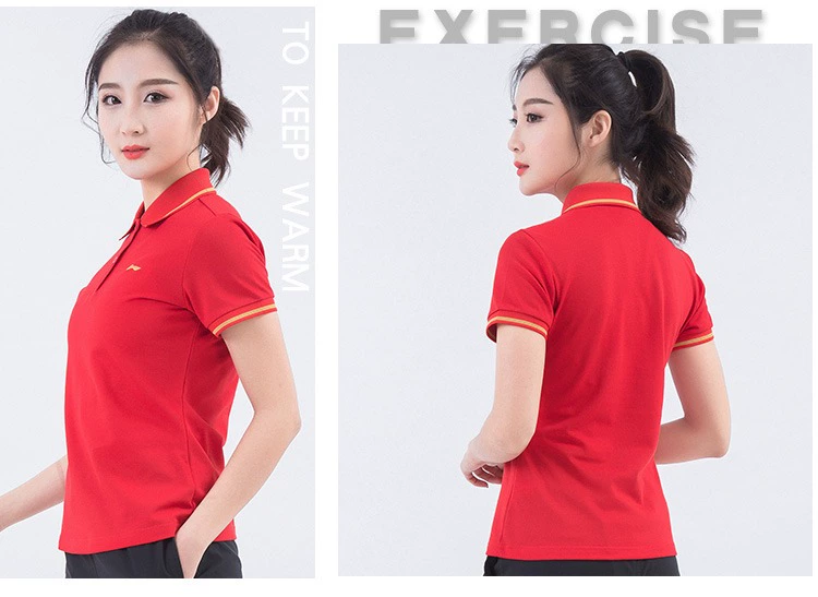 Li Ning mẫu ngắn tay đôi nữ mẫu áo thun thể thao nhẹ phần mỏng thoáng khí thấm mồ hôi rắn màu chạy áo Polo - Áo polo thể thao