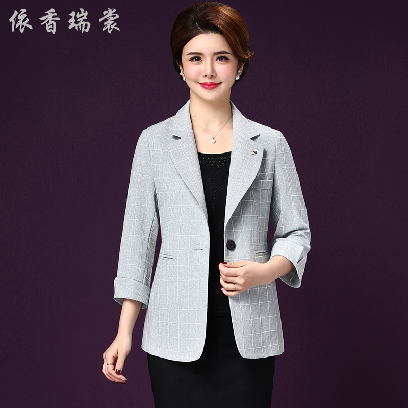 2019 Spring / Summer New Thin nữ Casual sọc ca rô nhỏ Suit nữ áo khoác Bảy-Sleeve Trung niên Suit Mom nhỏ