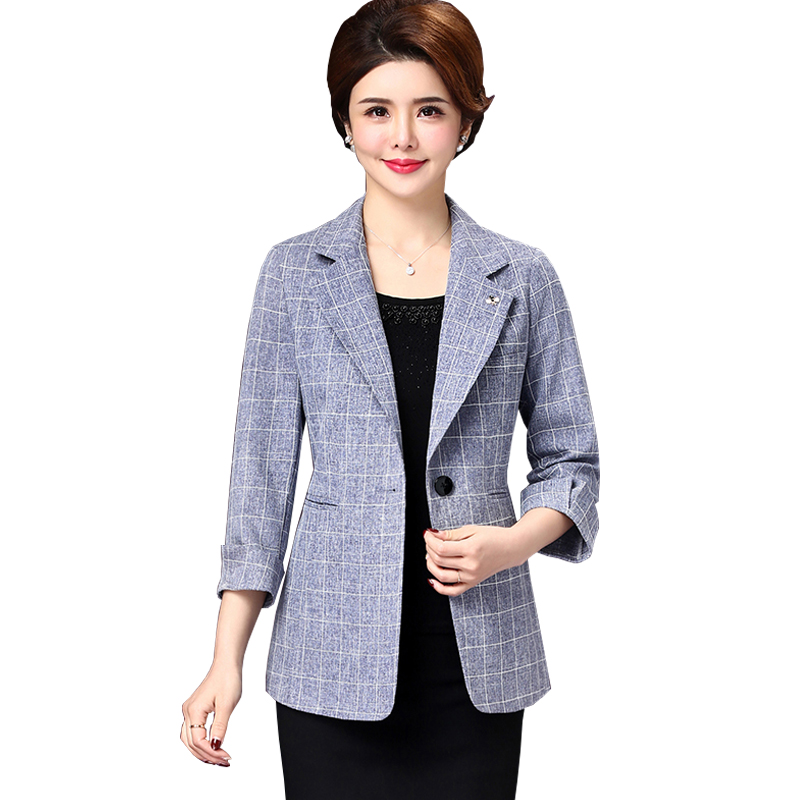 2019 Spring / Summer New Thin nữ Casual sọc ca rô nhỏ Suit nữ áo khoác Bảy-Sleeve Trung niên Suit Mom nhỏ