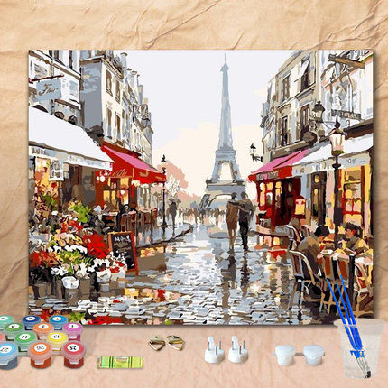 diy digital oil painting hand-painted living room scenery with great European-style self-filling oil color decoration painting eiffel tower