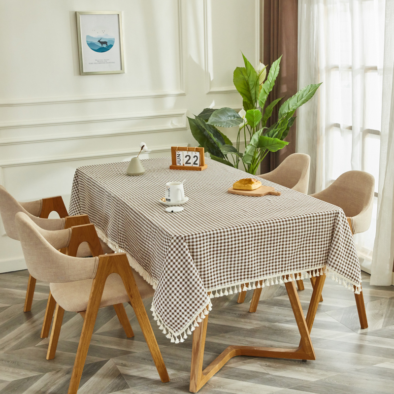 Coffee Latticetablecloth fabric art Cotton and hemp student desk Ins wind Northern Europe Modern simplicity like a breath of fresh air tassels tea table dining table Gabe