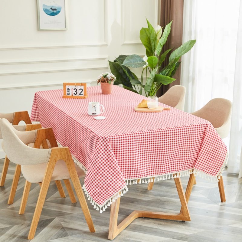 Red Check [Tassel Lace]tablecloth fabric art Cotton and hemp student desk Ins wind Northern Europe Modern simplicity like a breath of fresh air tassels tea table dining table Gabe