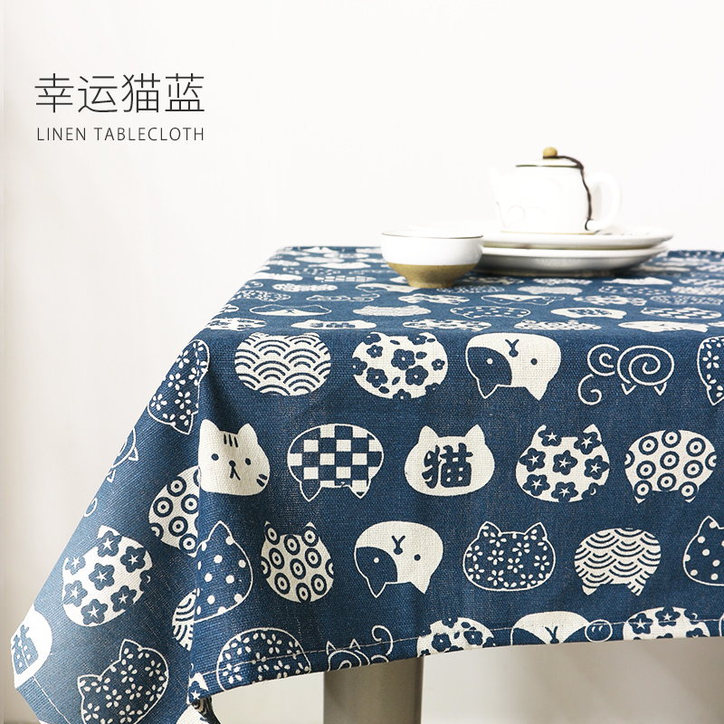 Lucky Cat Bluetablecloth desk INS student fabric art Cotton and hemp Japanese  Gabe solar system Tea table cloth Northern Europe Simplicity Chinese style