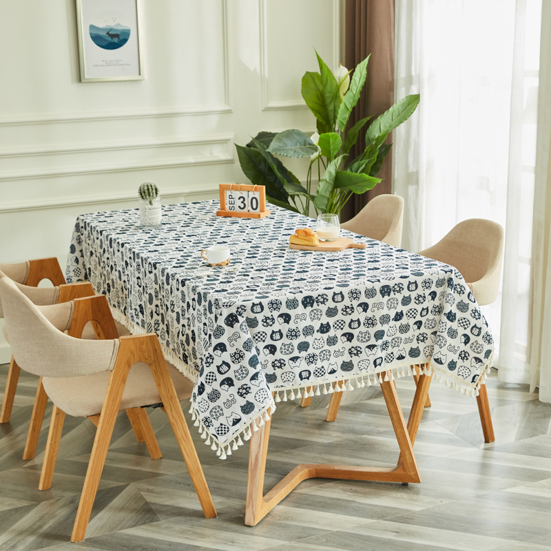 Lucky Cat Whitetablecloth fabric art Cotton and hemp student desk Ins wind Northern Europe Modern simplicity like a breath of fresh air tassels tea table dining table Gabe
