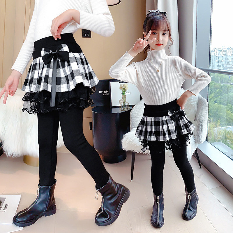 Girls pants skirt in autumn 2022 new girls wear fake two pants children plus thicker plate pairs
