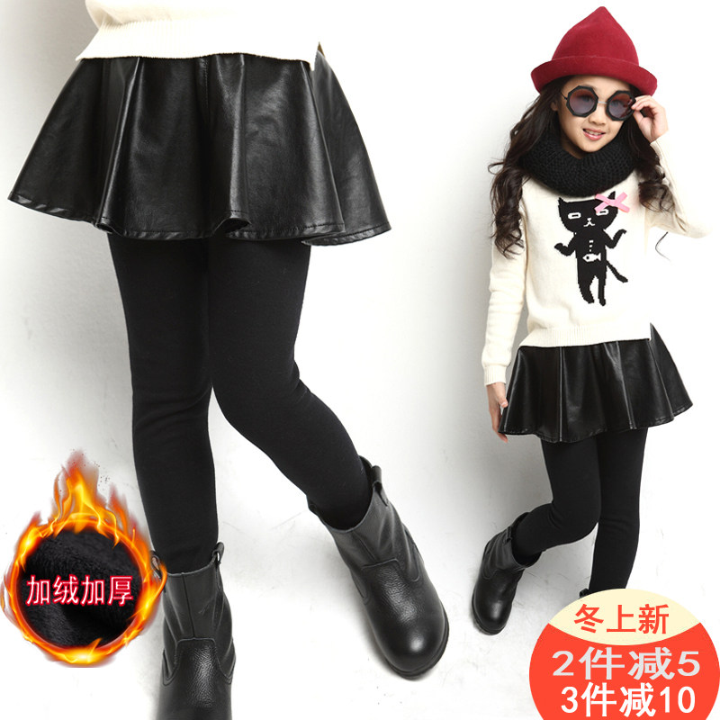 Girls' underwear autumn and winter pants skirt baby Foreign pie children's culottes fake two pieces plus velvet padded leather skirt wear trousers