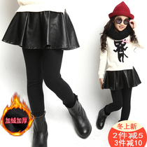 Girls leggings autumn and winter pants skirt baby foreign childrens culottes fake two pieces plus velvet padded leather skirt wear trousers