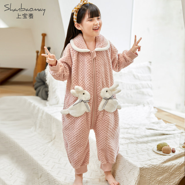 Shangbaomai autumn and winter children's one-piece pajamas flannel thickened warm baby pajamas anti-kicking belly protection home clothes