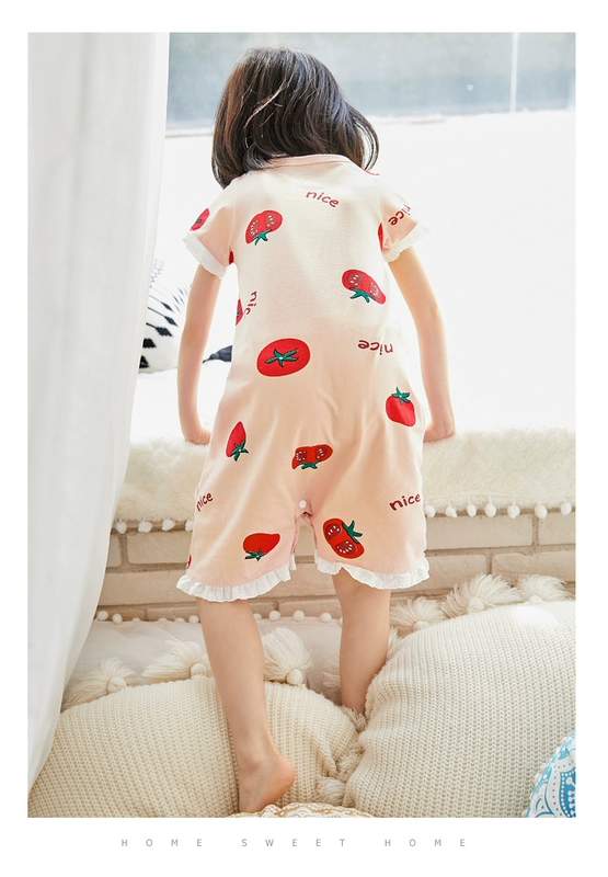 Shangbao Maixia Girls Nightdress Xiêm Trẻ em Áo ngủ ngắn tay cho bé Bộ đồ ngủ Dịch vụ điều hòa không khí Cha mẹ-con Công chúa Cotton Thin - Áo liền quần