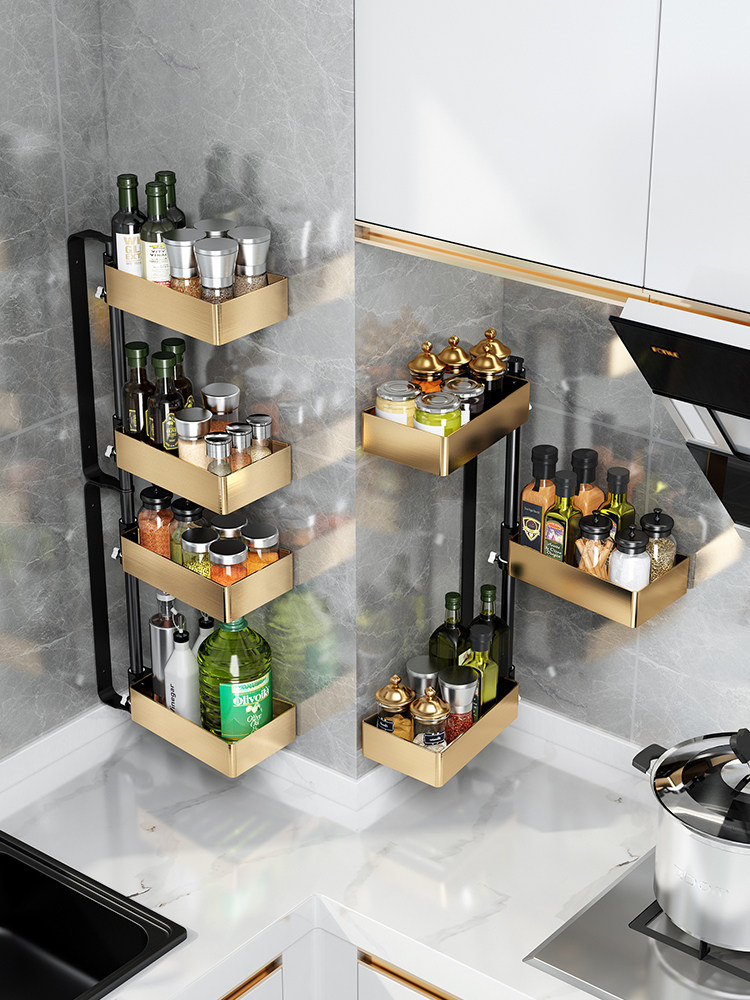 Kitchen shelf Seasoning tank rack Wall-mounted multi-functional condiment oil, salt, sauce and vinegar storage shelf without drilling rotating corner