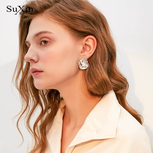 苏心 Блестящий аксессуар, квадратная прозрачная серебряная игла, ретро серьги, серебро 925 пробы