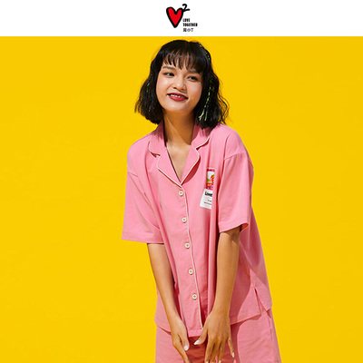 大朴食小T恤情侣睡衣夏季短袖短裤套装卡牌印花棉质男女家居服