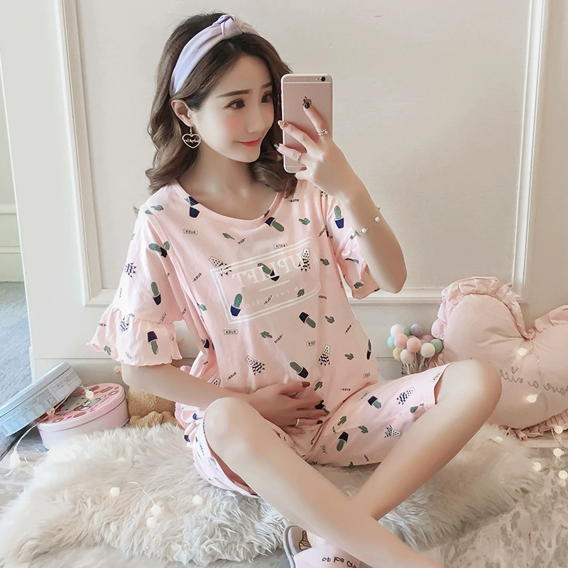 Quần áo giam giữ bà mẹ đồ ngủ phù hợp với mùa hè ngắn tay cho con bú tại nhà dịch vụ cho con bú tại nhà ngắn tay bà mẹ cotton cho con bú quần áo giam giữ - Giải trí mặc / Mum mặc