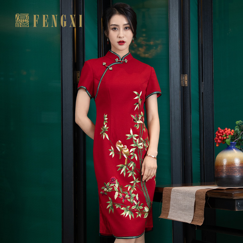 Demi-season red cheongsam, woolen festive long evening dress, 2021 years, mid-length
