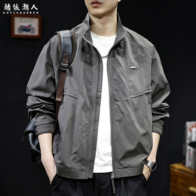 Textured Commuter Style American Casual Stand-Up Collar Jacket for Men, Gray Zipper, Light Outdoor Workwear, Autumn Windproof Coat