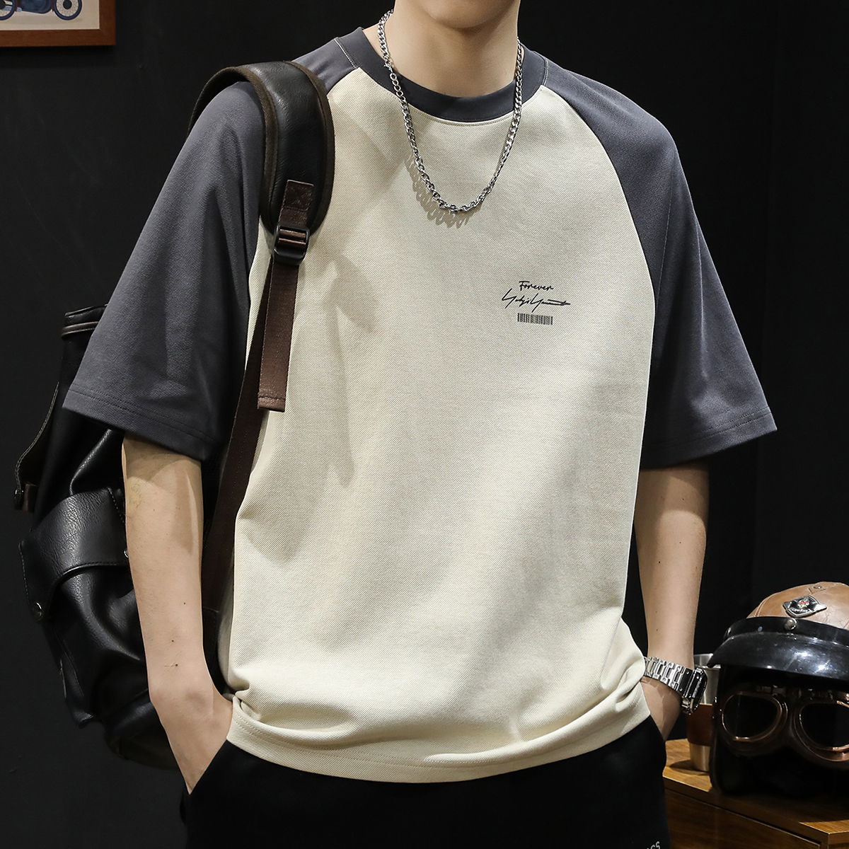 ラグランスリーブ配色半袖Tシャツメンズゆったり大きいサイズ2025年夏新作メンズヘビーウェイトメンズ服Tシャツトレンド