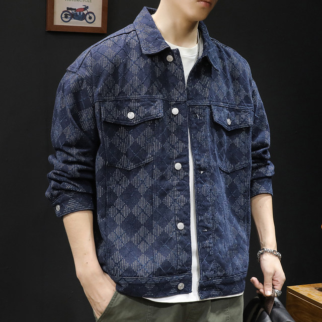 Plaid denim jacket men's spring and autumn plus size plus size trendy brand men's casual 2024 new men's work jacket