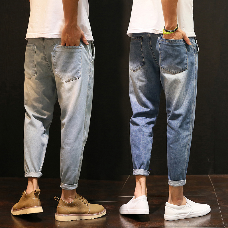Nine pants men's spring tide brand ripped jeans feet wild 9 points pants loose large size Korean trend pants