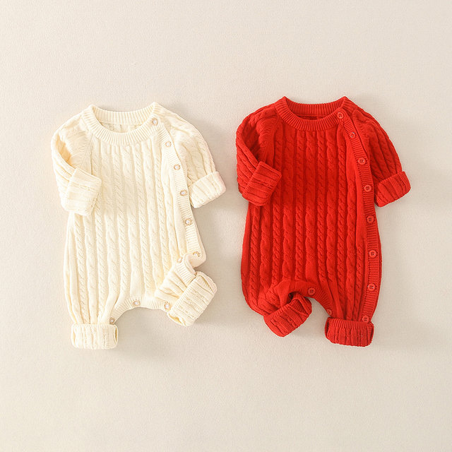 Baby clothes one-piece sweater knitwear female baby foreign style simple crawling clothes autumn and winter full moon princess suit