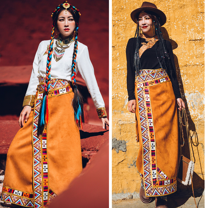 Tibetan-Style Wrap Skirt for Women, One-Piece Tie-Up Skirt, Vintage Ethnic Style Tibetan Clothing, Pot Dance Tibetan Skirt