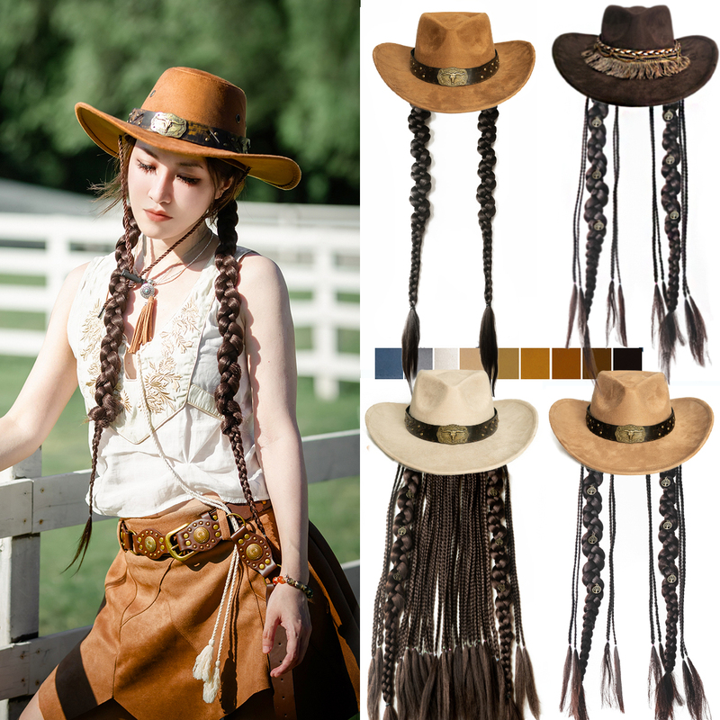New Style Cowboy Hat with Braided Wig, Ethnic Style, Deerskin Suede Wide-Brimmed Hat for Women Traveling New Style Cowboy Hat with Braided Wig, Ethnic Style, Deerskin Suede Wide-Brimmed Hat for Women Traveling