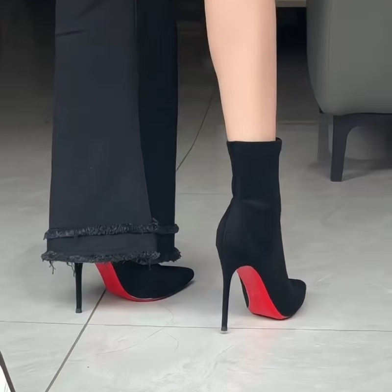 Red-Soled Stiletto Short Boots for Women 2025 Autumn and Winter New Pointed-Toe Black Versatile Suede High-Heeled Slim Boots Elastic Sock Boots