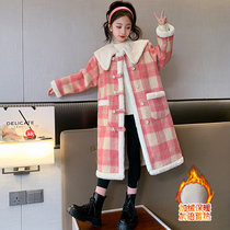 Girls velvet thickened woolen coat 2024 new big childrens autumn and winter fashionable plaid mid-length woolen coat