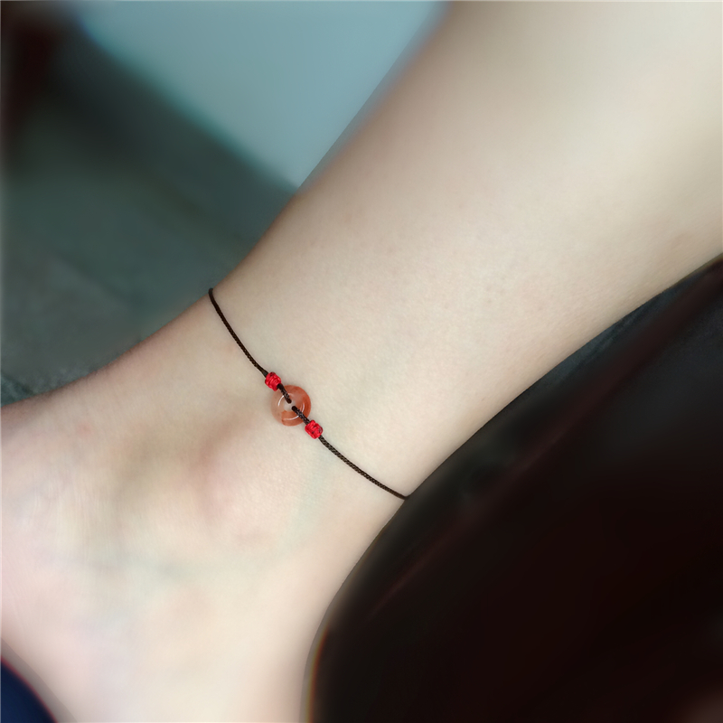 Nút keo Nam đỏ hòa bình nhỏ khóa tay dây thừng Cuộc sống may mắn trong năm nay Vòng đeo tay mã não đỏ Nam có thể làm vòng chân - Vòng chân lắc chân nữ handmade