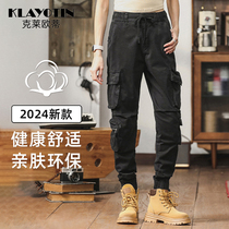 American multi-pocket overalls for men and women in spring summer and autumn pure cotton ankle-tie nine-point casual hiking pants outdoor black
