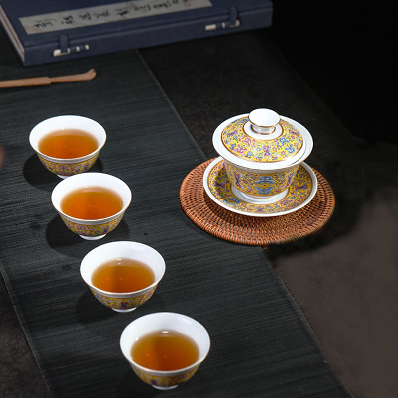 Treasure porcelain colored enamel porcelain 5 head in huang Lin kung fu tea set sample tea cup dish of the auspicious dance master cup single CPU