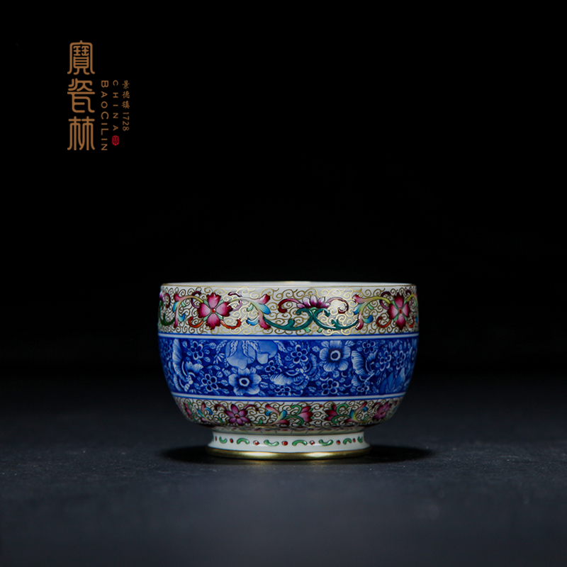 Treasure porcelain enamel color blue and white flower disc cui Lin, a glass ceramic masters cup a cup of pure checking sample tea cup gift boxes