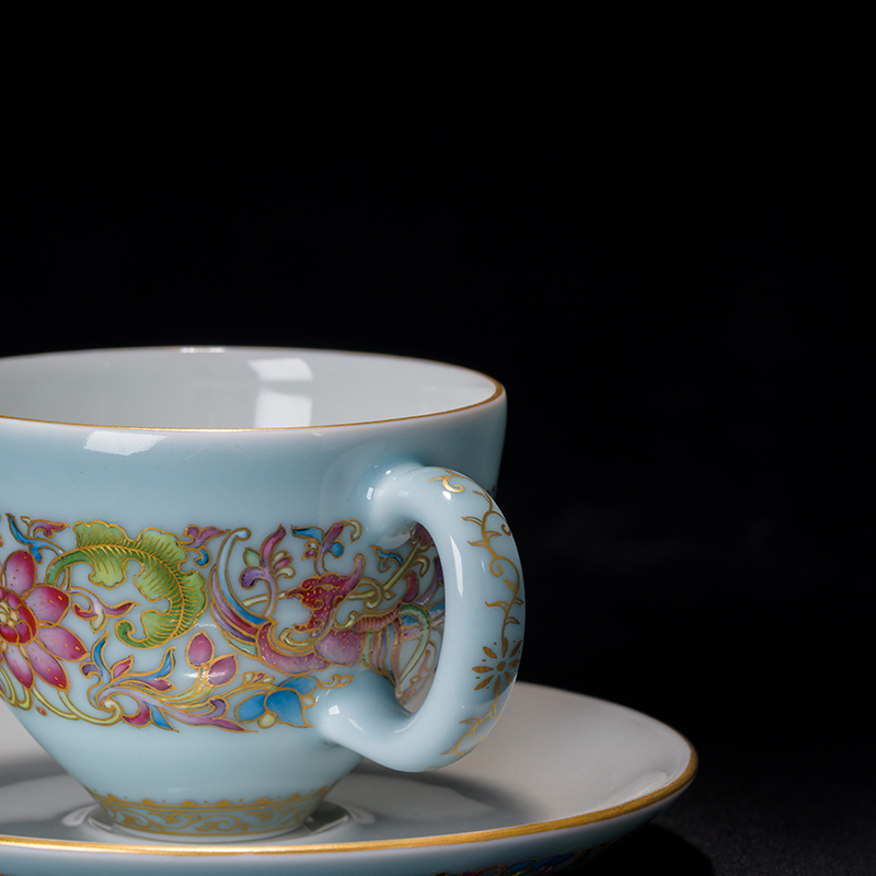 Treasure porcelain Lin Tianqing colored enamel flowers design of coffee cups and saucers of jingdezhen ceramic cups manually high - grade color glaze