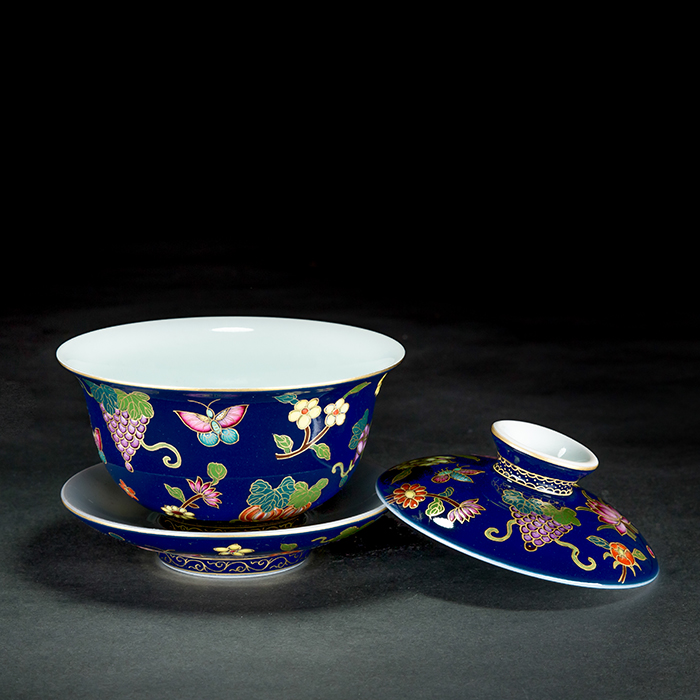 Treasure porcelain Lin blue colored enamel to fold the pomegranate 6 head tea cup