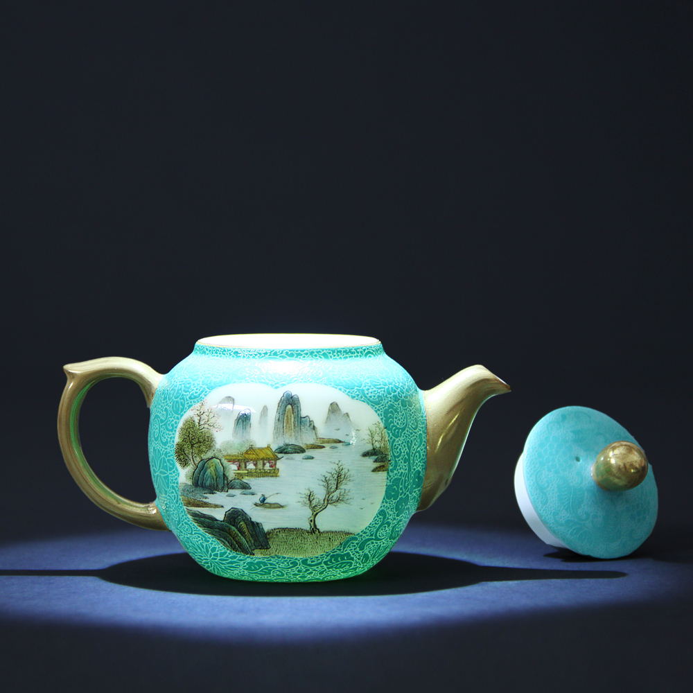 Treasure porcelain green lake Lin pick flowers pastel medallion landscape grilled round pearl pot of jingdezhen and hand - made crafts