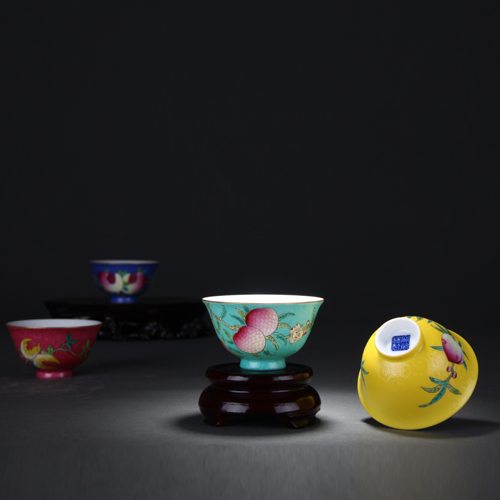 Treasure porcelain Lin pick flowers set of four fruit lucky cup set of four cups of jingdezhen steak hand - made the add crafts