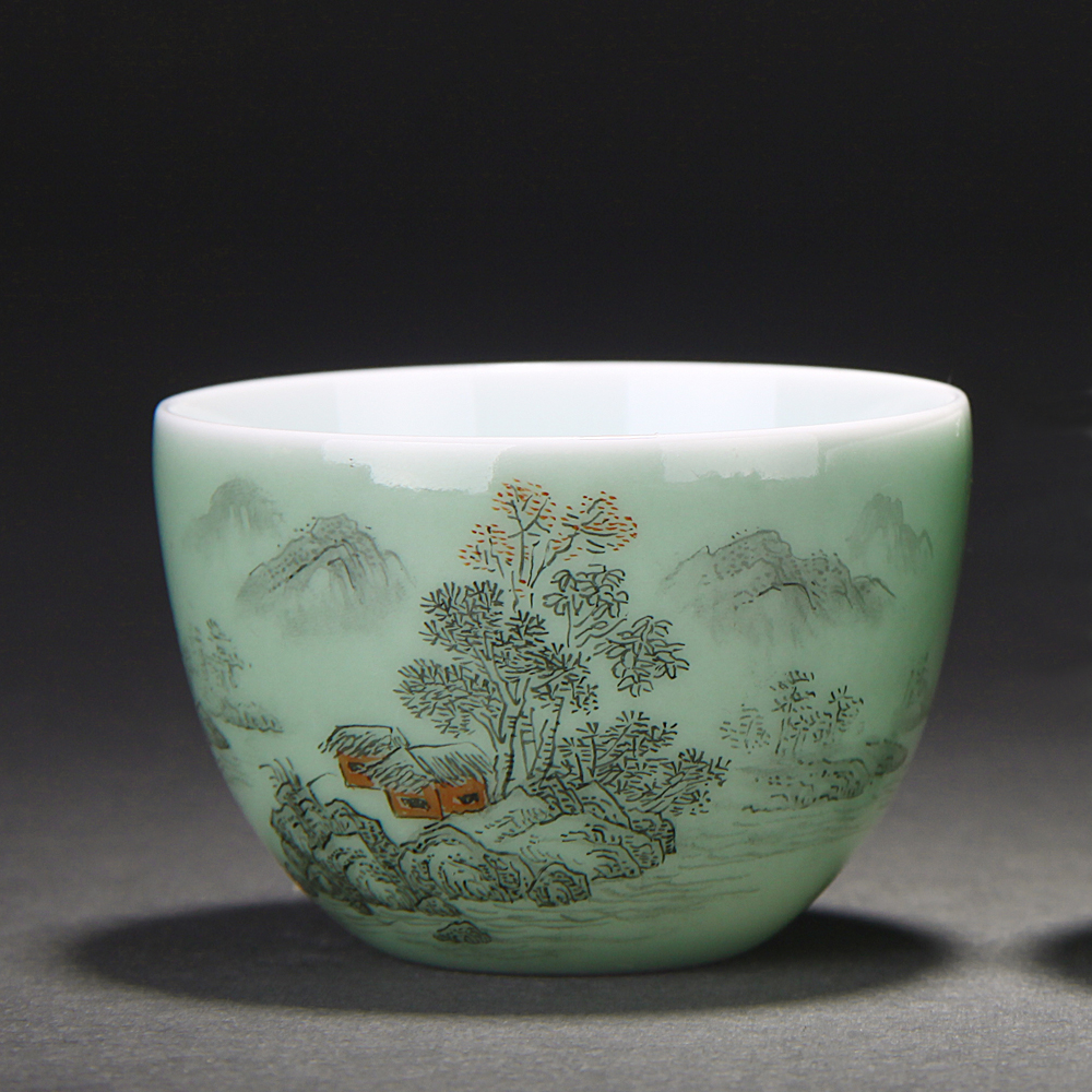 Treasure porcelain Lin ocean 's pea green color ink landscape small cup of jingdezhen ceramic glaze color add a cup of tea cups