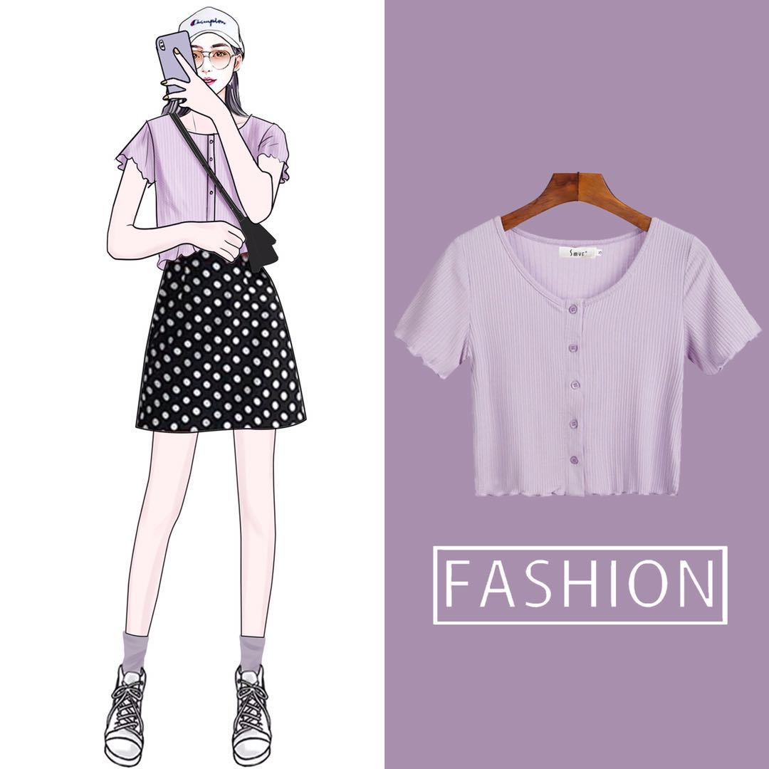 T-shirt female summer tide knit short sleeves 2022 new light purple short section High waist dew Purple Agaric Edge