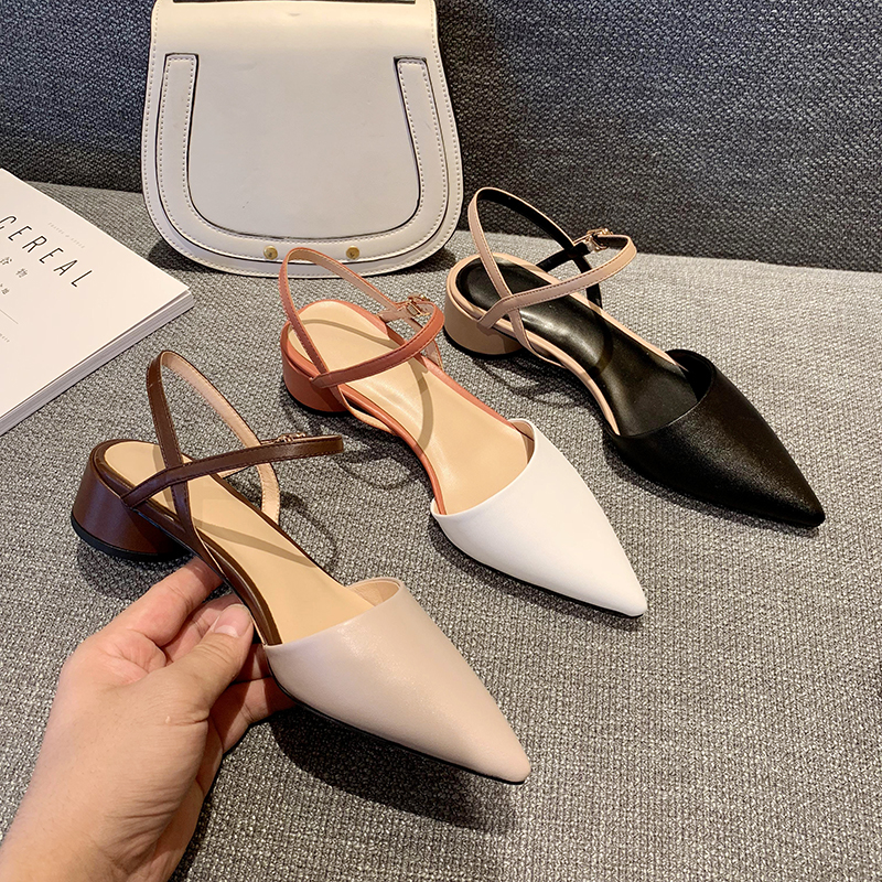 A power rice gray 2022 sandals women's new spring and summer European and American pointed Baotou leather with thick heel shoes
