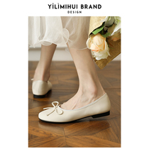 One Force Rice Grey 2022 Spring Fall New Round Head Shallow Mouth Soft Bottom Single Shoes Women Genuine Leather Retro Flat Grandma Shoes