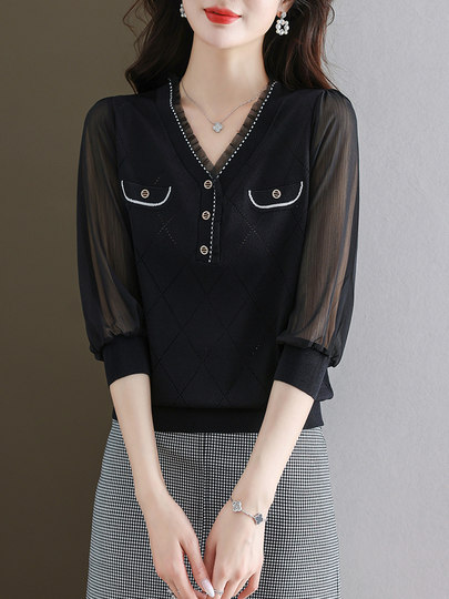 衬衫女春夏装大码新款宽松V领七分袖拼接高级感洋气小衫别致上衣