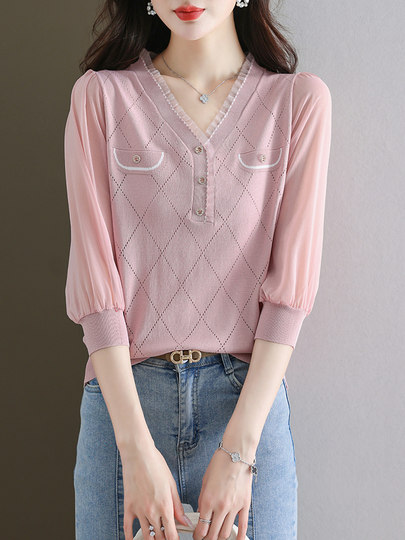 衬衫女春夏装大码新款宽松V领七分袖拼接高级感洋气小衫别致上衣