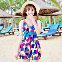 Hot spring one-piece skirt womens conservative swimsuit large size 200 pounds beach sexy floral Korean version color block flat angle