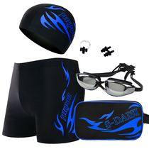 Mens quick-drying large size flat angle swimming trunks five-piece suit myopia flat goggles Swimming cap Male student adult loose