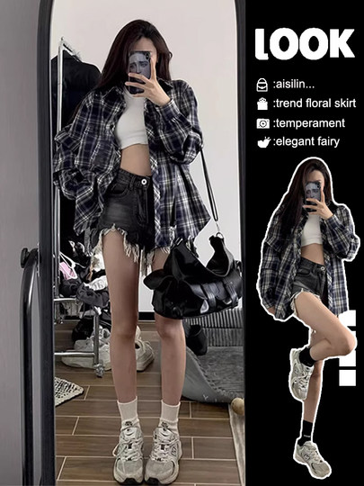 2025新款格子衬衫上衣秋季小个子长袖外搭防晒薄款外套衬衣女秋冬