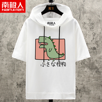 Short-sleeved mens ins fashion all-match Japanese fashion brand summer Harbor wind hooded sweater Junior high school students small dinosaur cartoon t-shirt