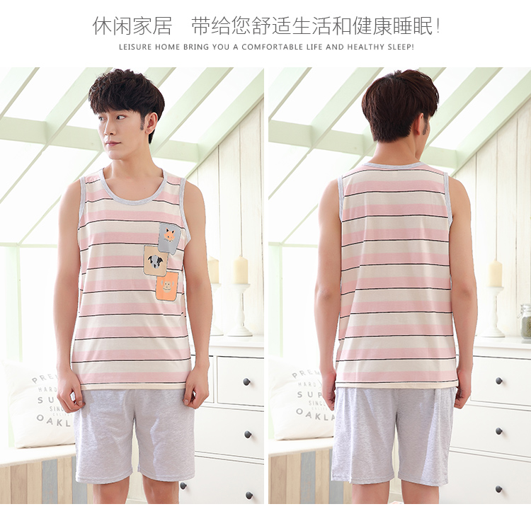 Không tay vest đồ ngủ nam mùa hè sọc kích thước lớn lỏng cotton phần mỏng quần short giản dị có thể được đeo bên ngoài dịch vụ nhà phù hợp với