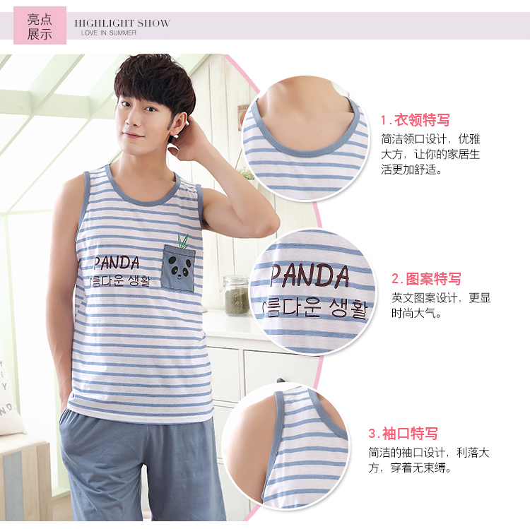 Không tay vest đồ ngủ nam mùa hè sọc kích thước lớn lỏng cotton phần mỏng quần short giản dị có thể được đeo bên ngoài dịch vụ nhà phù hợp với