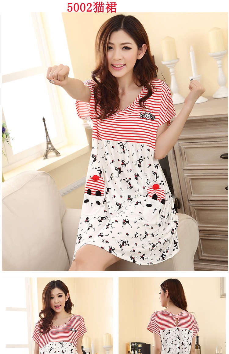 Mùa hè ngắn đoạn phim hoạt hình dễ thương váy ngủ mùa hè cotton tay ngắn XL áo ngủ lệch vai phụ nữ váy ngủ mùa hè đồ bộ mặc ở nhà