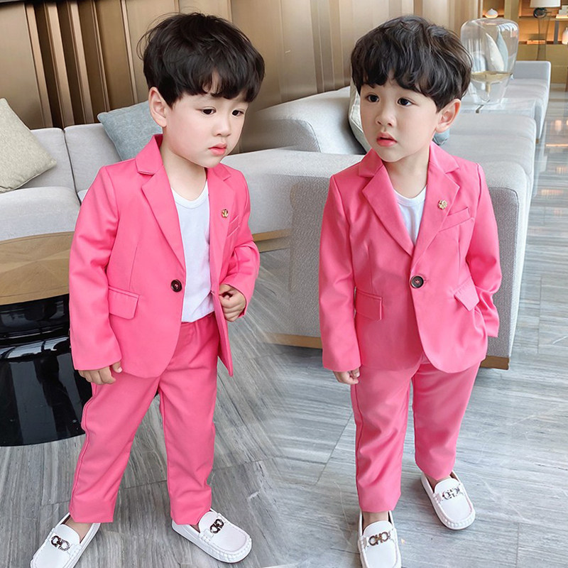 Boy pink small suit suit Spring and autumn children casual Western clothes baby gown baby boy flower boy three sets