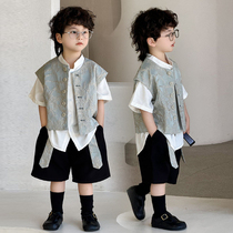 Flower boy host small dress summer Chinese style childrens suit handsome national style vest suit catwalk fashion suit